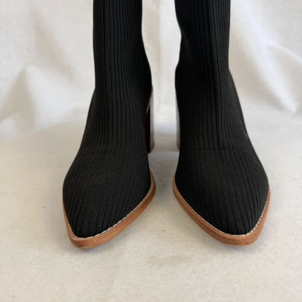 Steven New York Nichol Black Ribbed Knit Sock Bootie Pointed Toe Block Heel Sz 8
